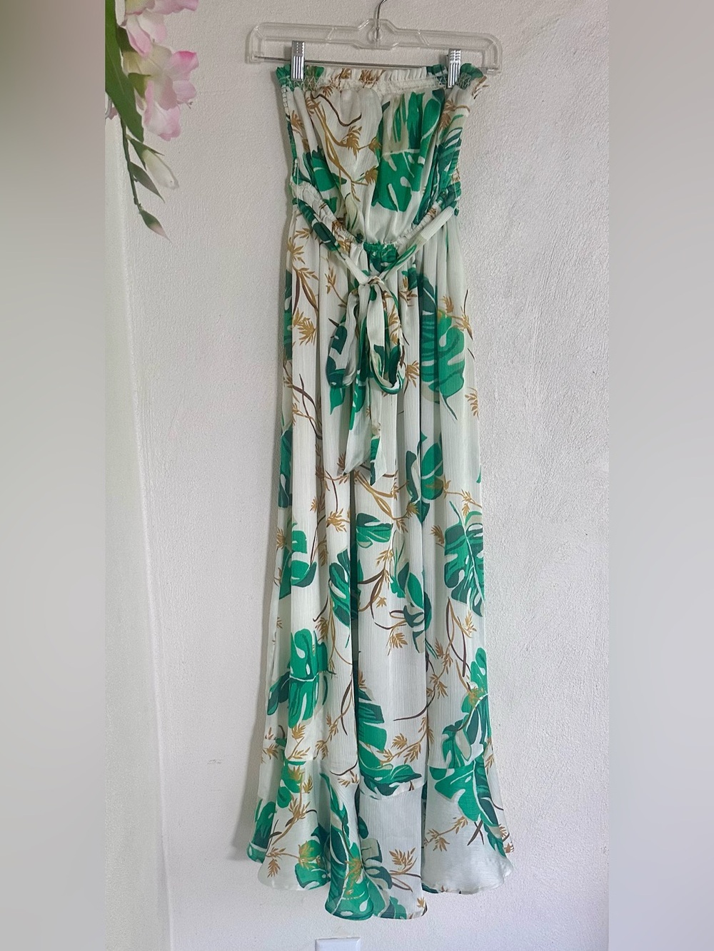 The Webster Miami Green Leaf Print strapless Maxi Dress with Waist Tie Size XS